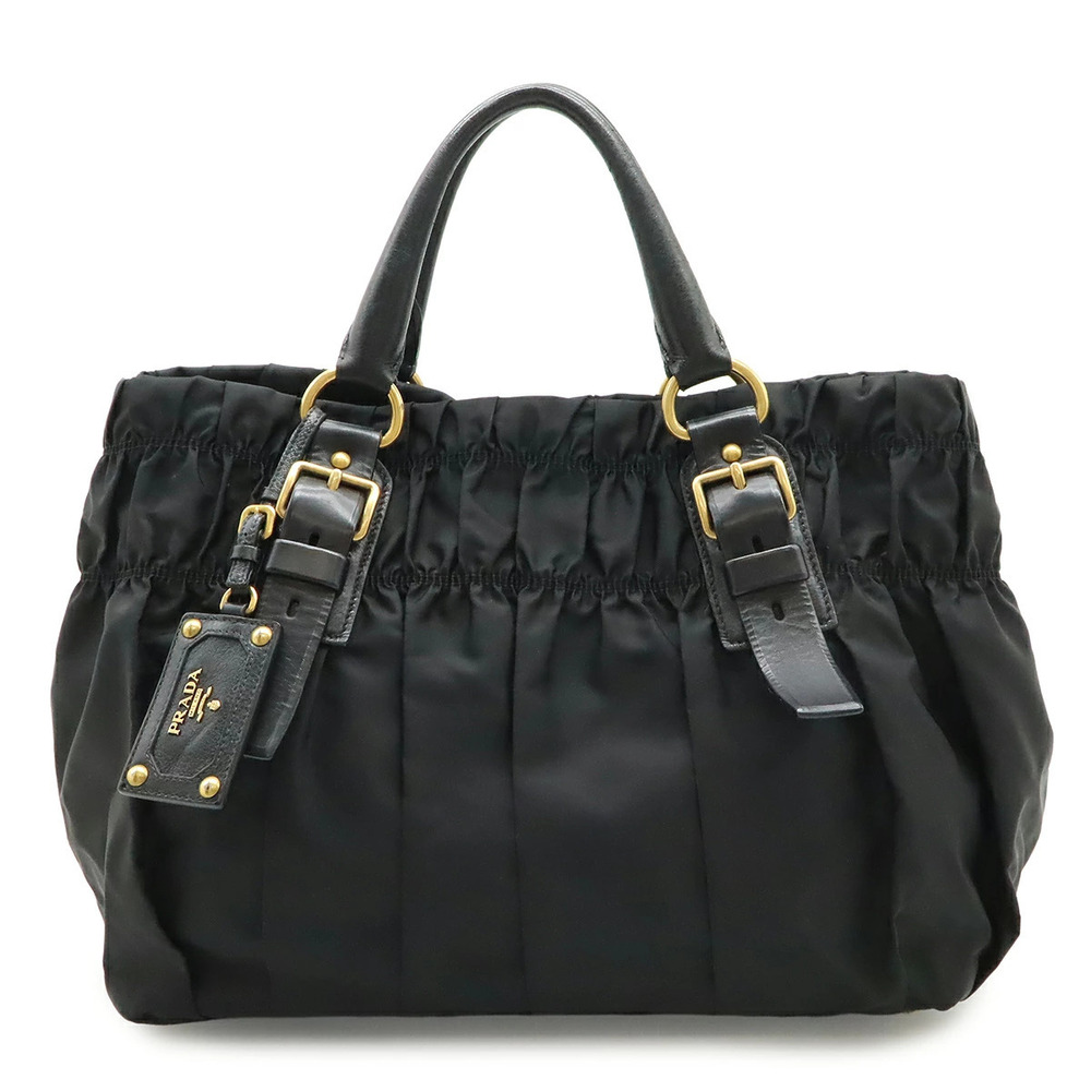Prada Gathered Tote Bag Handbag Leather NERO Black
